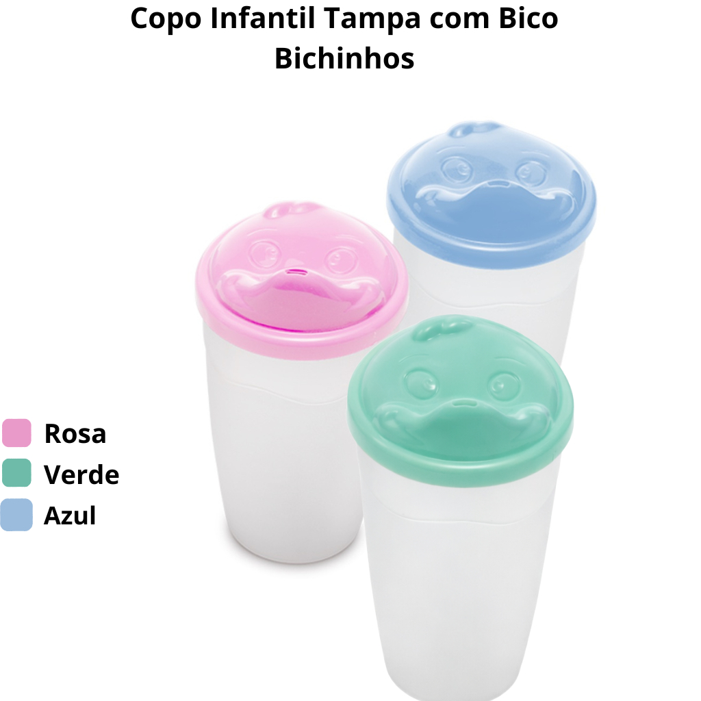 Copo Infantil Tampa com Bico Bichinhos 400ml Rosa Azul Verde - Giotto UNIDADE em Oferta na Shopee