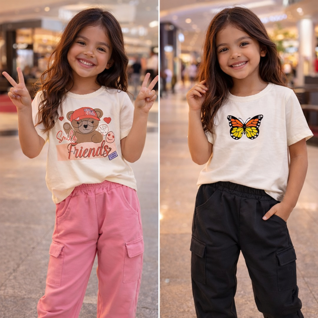 Conjunto Infantil Feminino Malha e Moletinho Confortável e Estiloso para o Dia a Dia com Calça Cargo e Estampa Moderna