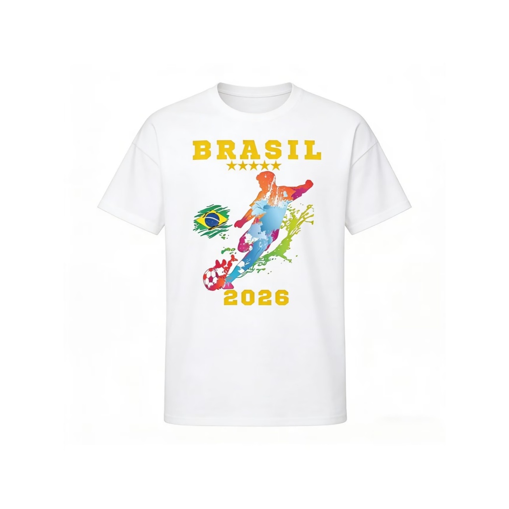 T-Shirt Masculina Brasil 2026 Estampa Jogador de Futebol com Bandeira do Brasil e Cinco Estrelas Copa do Mundo Exclusiva