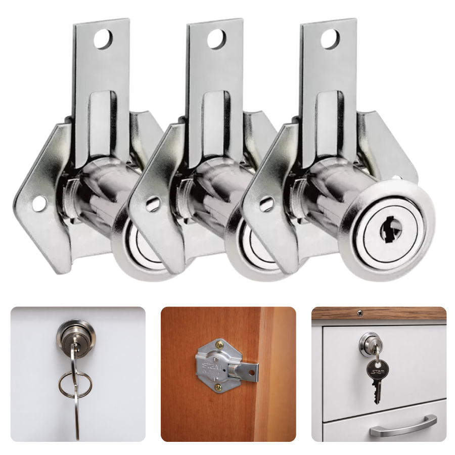 Kit Com 3 Fechadura Moveleiro Gaveta 2 Chaves Cilindro 31mm Lingueta Longa 24mm 302LG Stam