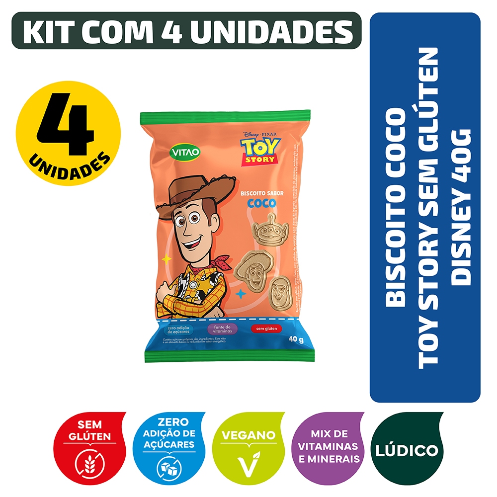 Biscoito Coco Toy Story Sem Glúten Vegano Disney 40g - Kit 4 unidades