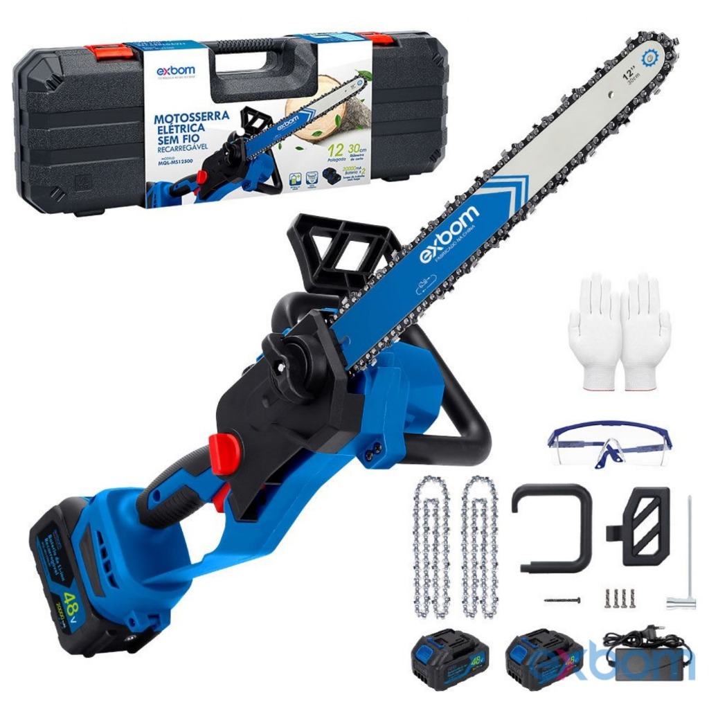 Motosserra Elétrica Brushless 12” 30cm Recarregável 2 Baterias 48V Lubrificação Automática EXBOM MQL-MS12500
