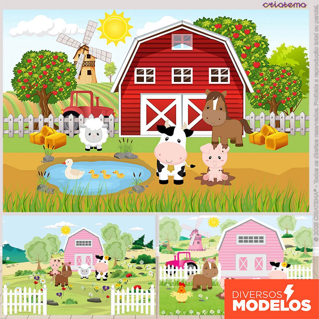 Painel De Festa Fazendinha Retangular Horizontal Sublimado 3D Em Tecido Monte fácil