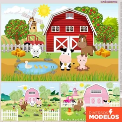 Painel De Festa Fazendinha Retangular Horizontal Sublimado 3D Em Tecido Decoração Festa Infantil