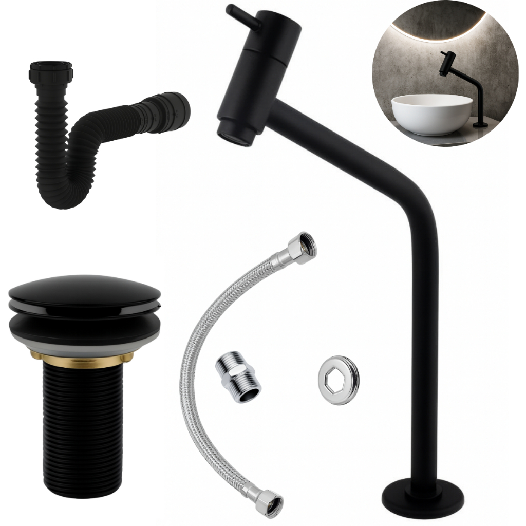 Kit Banheiro Torneira Bancada ABS Preta+ Ralo Válvula click 7/8+ Sifão+Engate 40CM