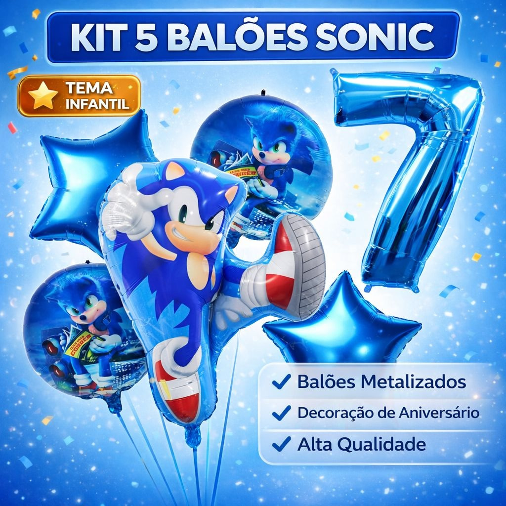 Kit 5 Balão Metalizado Sonic + Estrela Metalizados + Balão Redondo Sonic + Numero 40cm em Oferta na Shopee