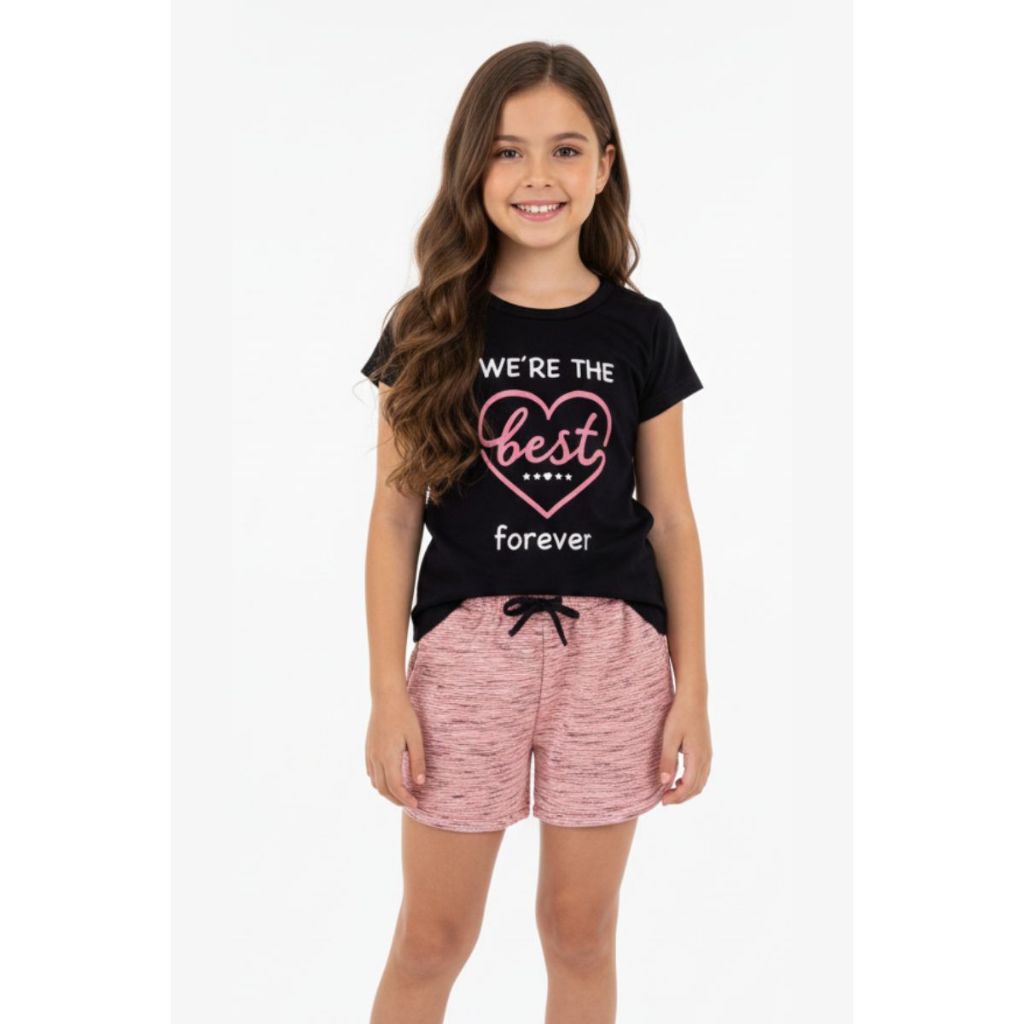 Conjunto Infantil de Verão Juvenil Menina Blusa Meia Malha Algodão Shorts Moletinho Confortável 4 ao 14