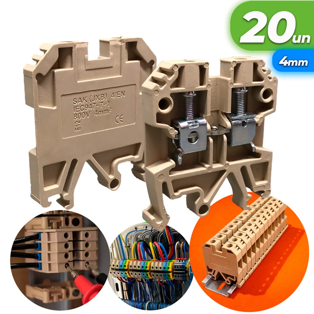 Kit 20x Conector Borne Sak 4mm Bege Conector Borne de Passagem Elétrico Fixação Trilho Din Atacado
