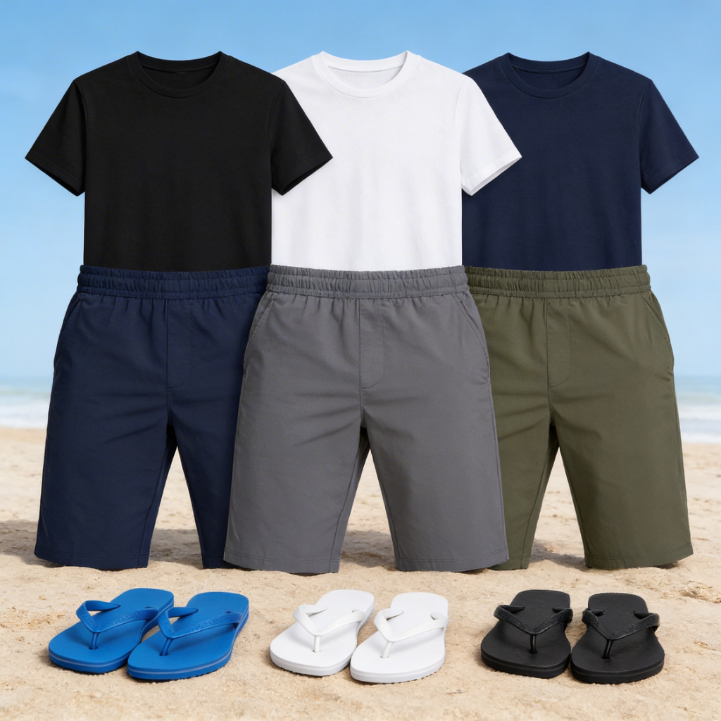 Kit Masculino Verão Completo 3 Peças – Camiseta Básica + Short Tectel + Chinelo Confortável | Conjunto Casual Masculi
