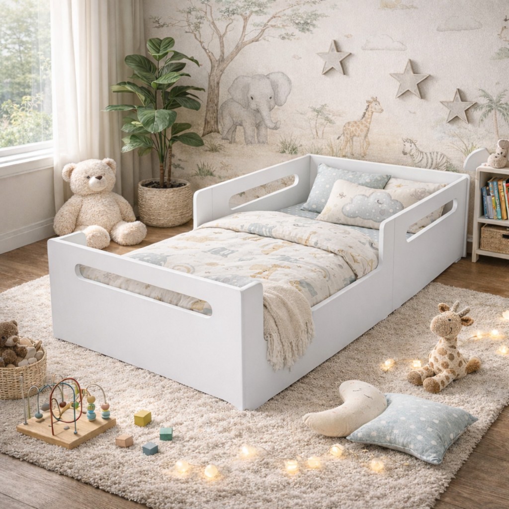 Cama Montessoriana Infantil Solteiro Em Mdf Baixa Para Criança Com Proteção Lateral