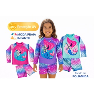 Conjunto Infantil Praia Menina Sereia com Proteção UV50+ Blusa Manga Longa e Shortinho em Oferta na Shopee