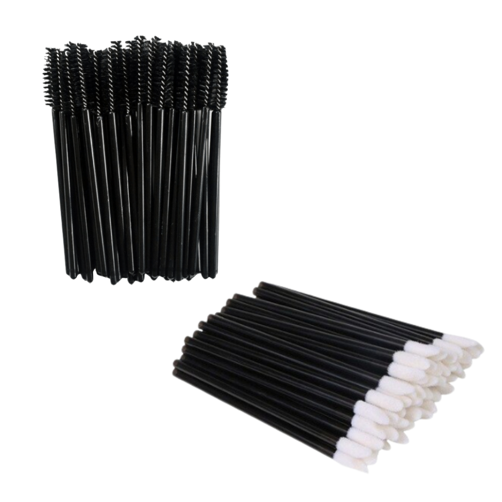 Kit Descartáveis Lash Designer 100 Escovinhas Cor Preta + 100 Aplicadores de Batom Cor Preta