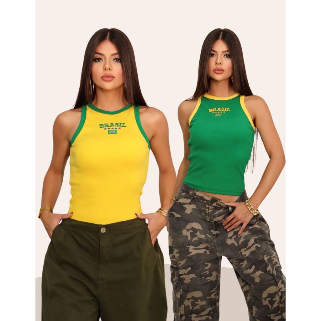 Regata Brasil Chic Bandeira Ribana Premium com Bordado Frontal Valoriza o Corpo Copa do Mundo