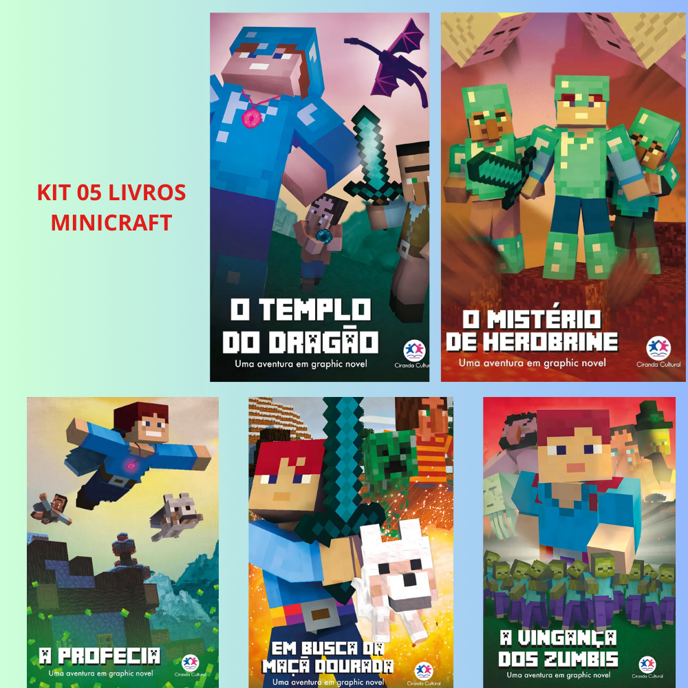 Kit 05 Livros Minicraft  Em busca da maçã dourada, A vingança dos zumbis, A profecia, O mistério de Herobrine