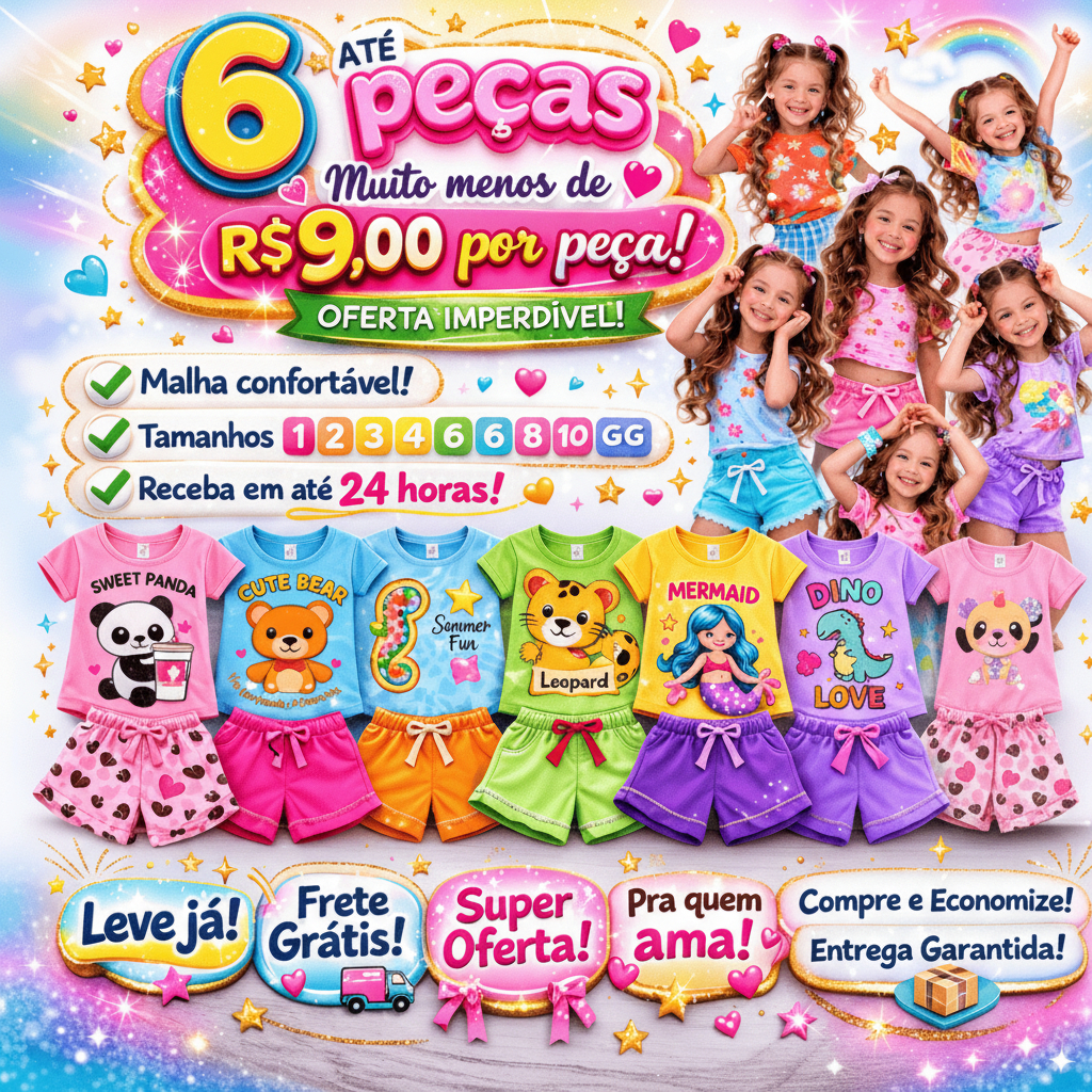 Kit 6 Peças Conjunto Infantil Menina Verão Roupa Confortável Bebê Moda Criança