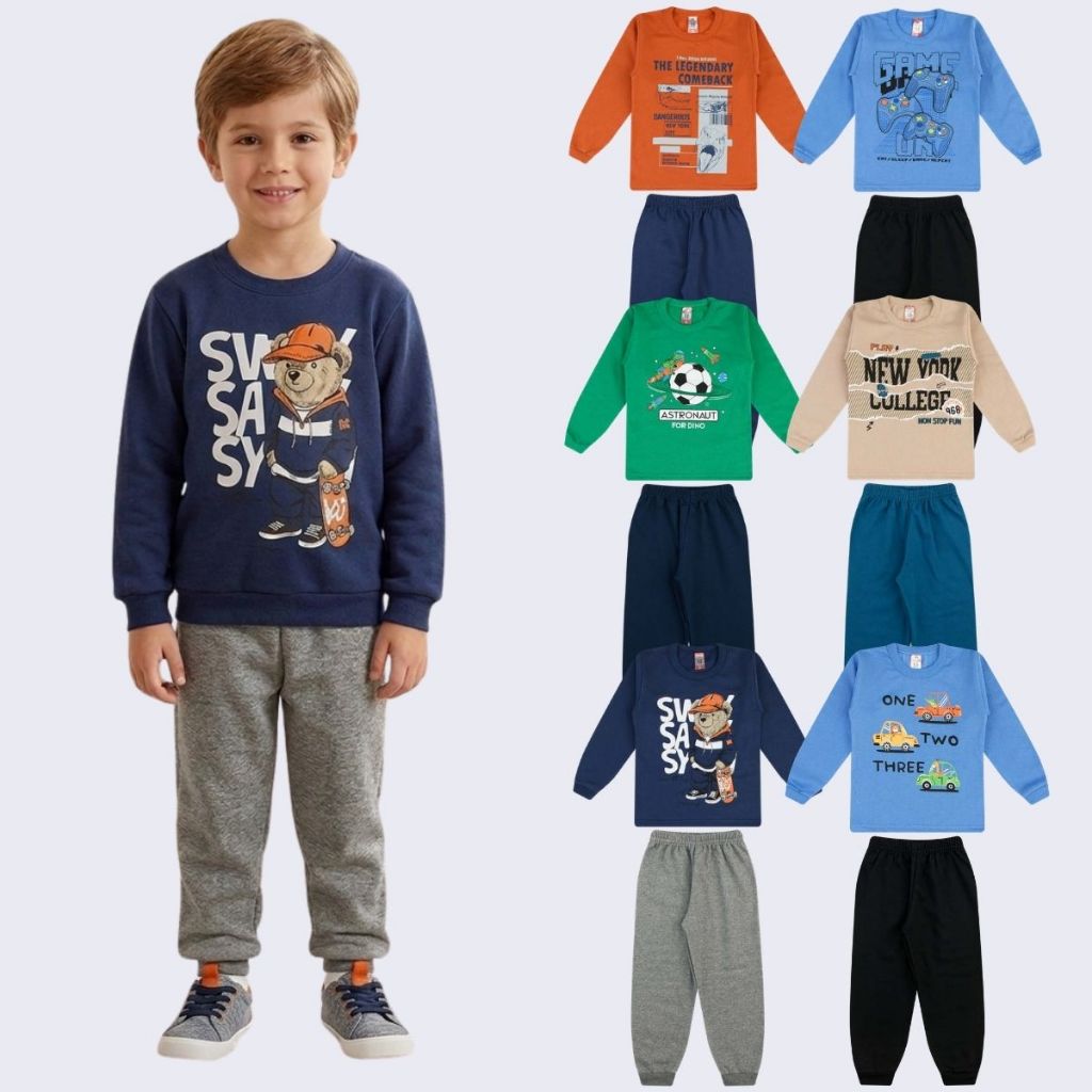 Kit Moletom 8 Peças de Roupa Menino Infantil Inverno 4 Conjuntos Masculino Juvenil Frio Quentinho