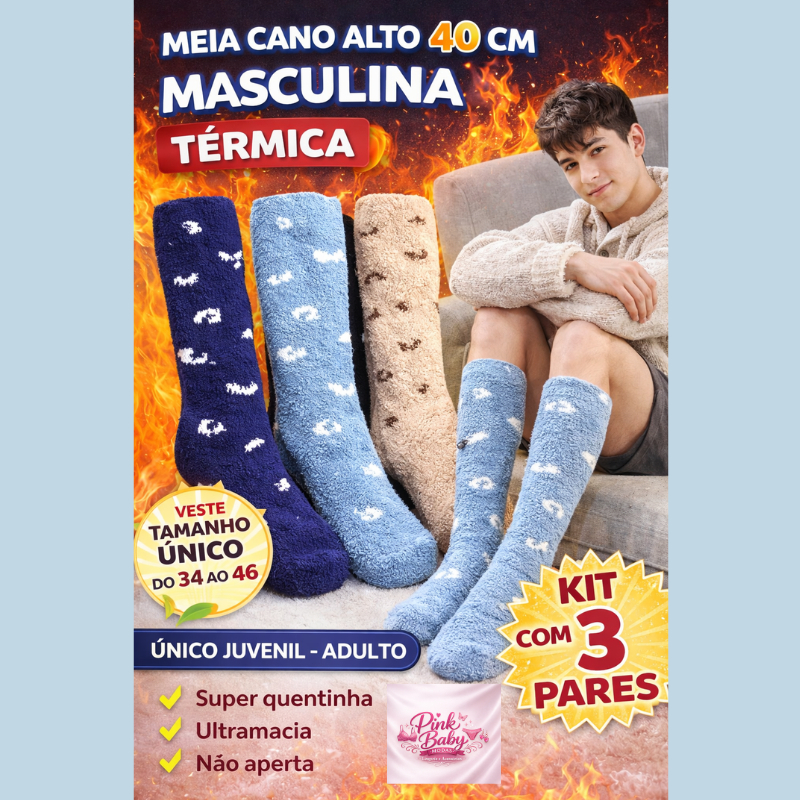 Kit 3 Pares Meia Masculina Peluciada Térmica Inverno Super Quentinha Tamanho 34 ao 46 Juvenil Adulto (40cm) SORTIDA