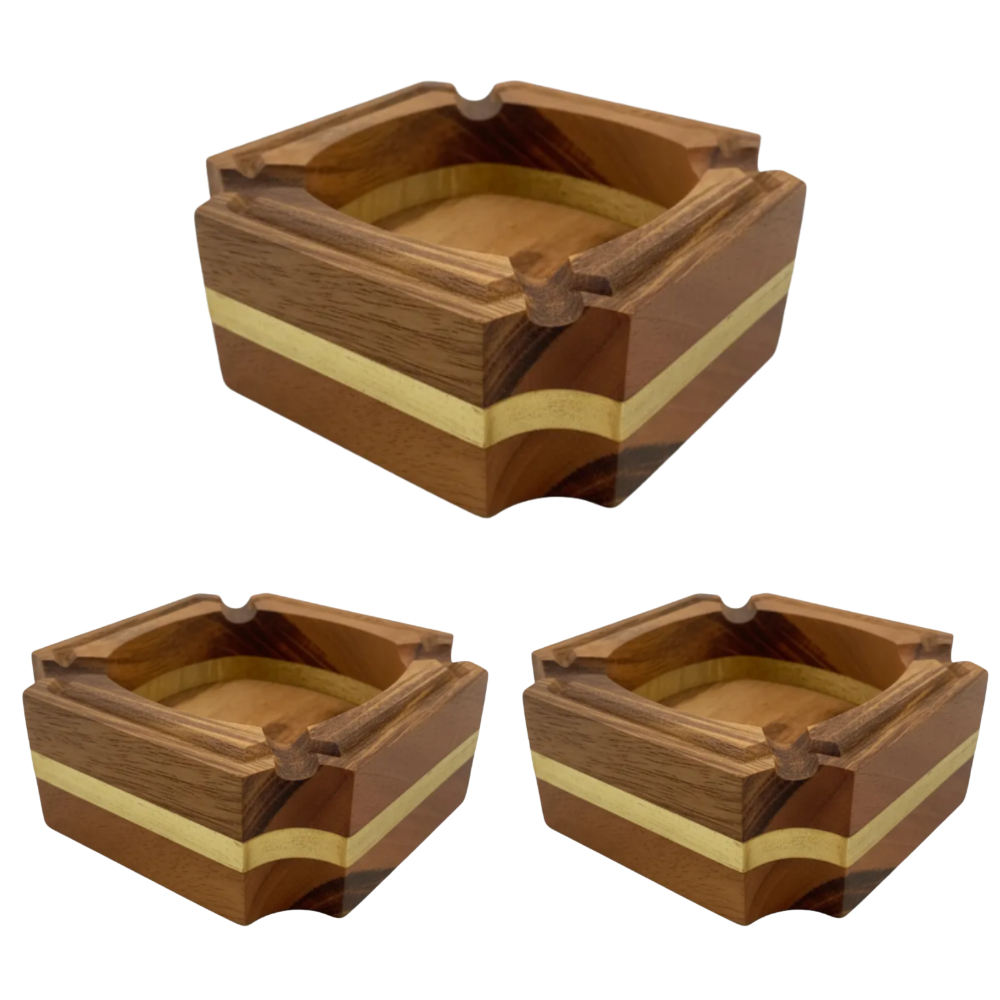 Kit 3x Cinzeiro Arbo Decorativo Artesanal Quadrado Envernizado Madeira Nobre