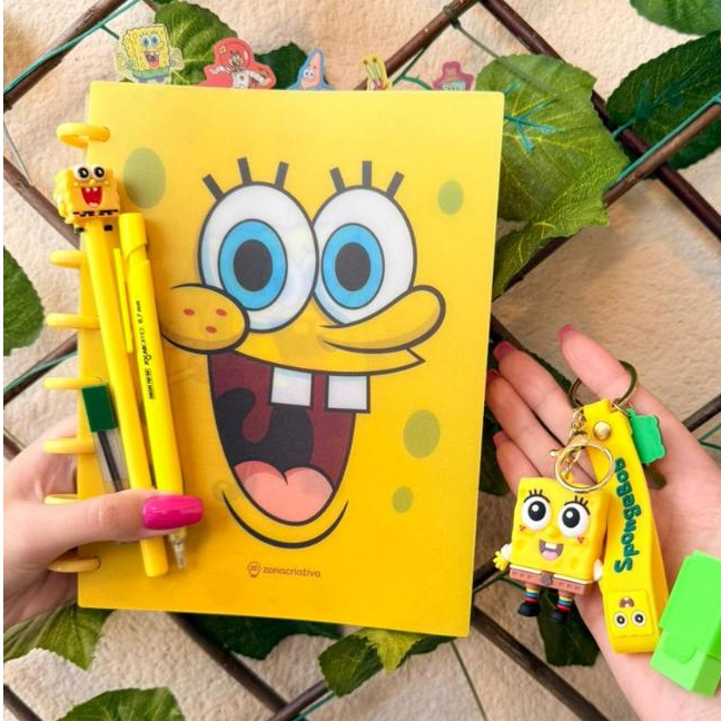 Kit Caderno Inteligente Bob Esponja + Caneta + Chaveiro + Borracha + Lapiseira Presente Kawaii