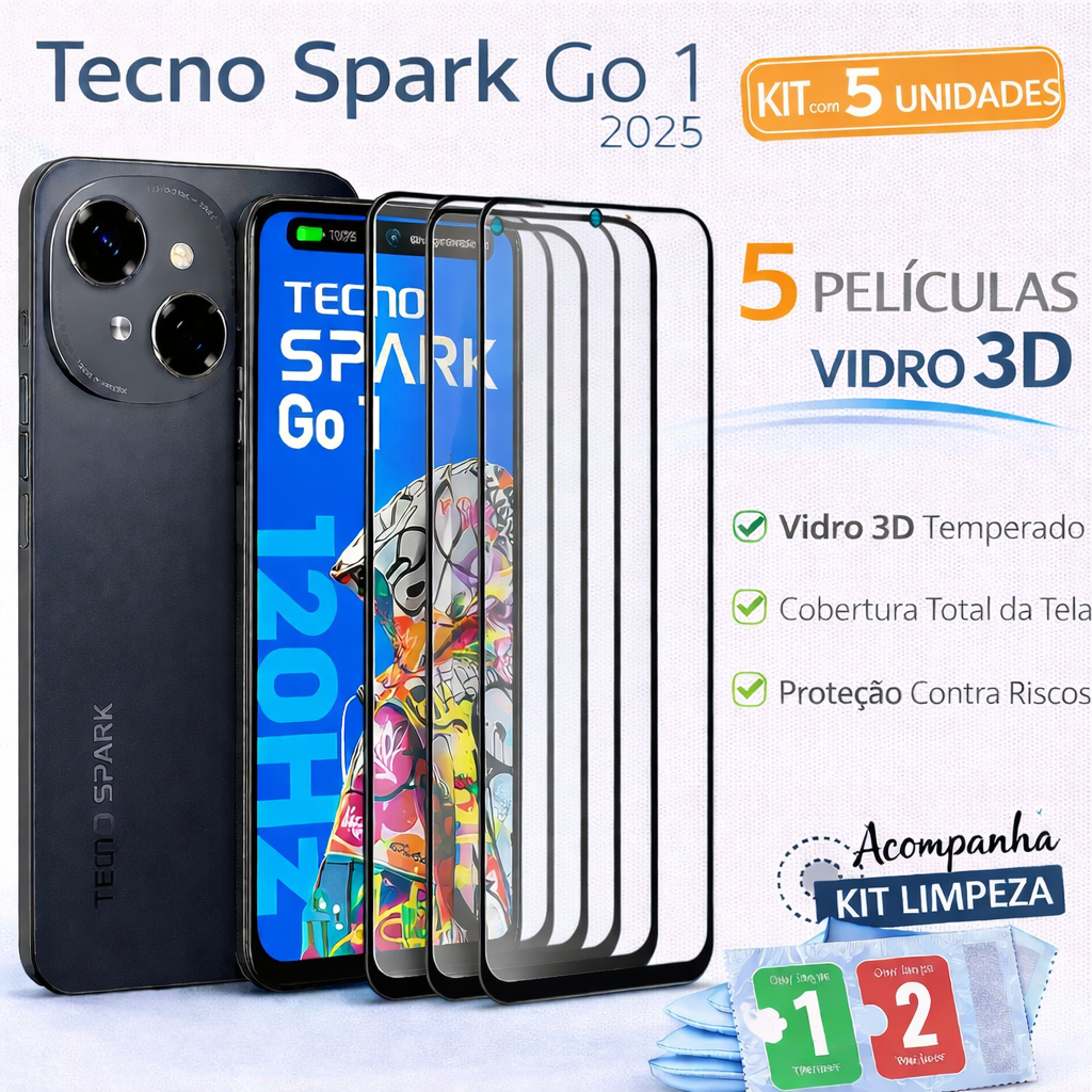 Kit 5 Películas de Vidro 3D Para Tecno Spark Go 1 2025 Acompanha Kit Limpeza