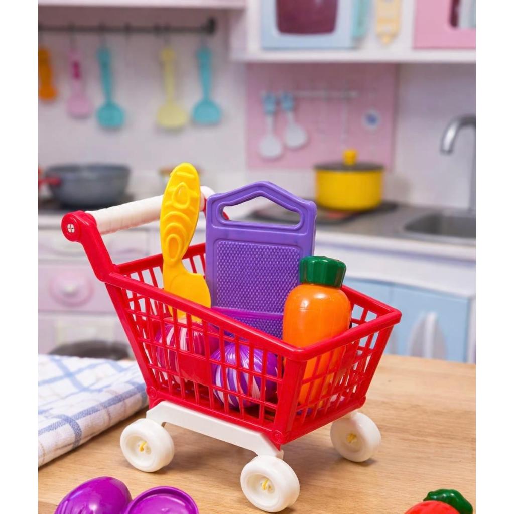 Mini Carrinho de Compras com Acessórios de Cozinha  Legumes Com Velcro Cola e Descola Brinquedo Infantil Educativo