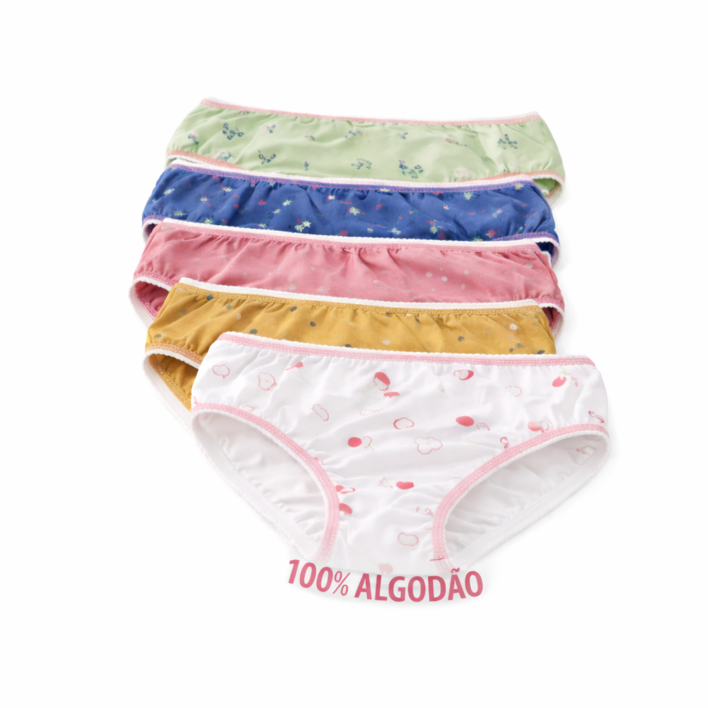 Kit 5 Calcinhas Infantil Criança Algodão Antialérgica Estampada Lisa Perfeitas Para Desfralde