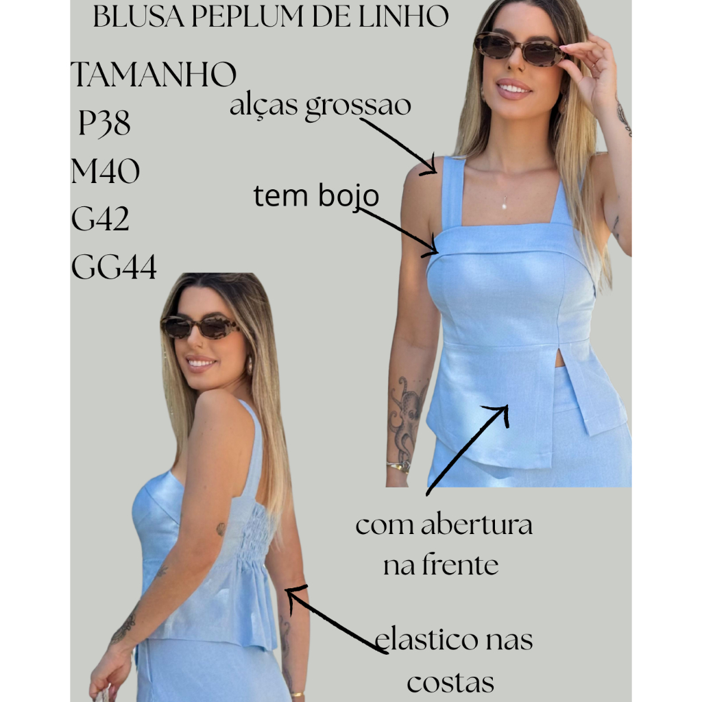 Blusa Peplum Feminina Tecido Linho, tem bojo e elastico nas costas Tamanho PMG GG