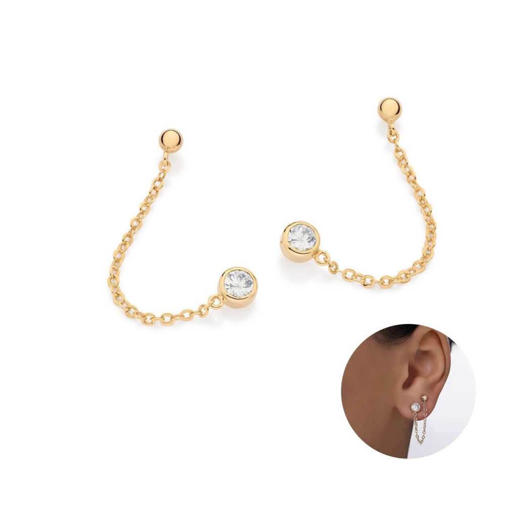 Brinco Rommanel pêndulo duplo banhado a ouro 18k com zircônias Leve Elegante 527