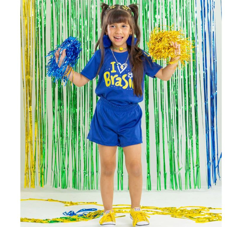 Conjunto Menina Temático para Torcer Tema Futebol look infantil Feminino Azul, verde e amarelo torcedora Tshirt + Short