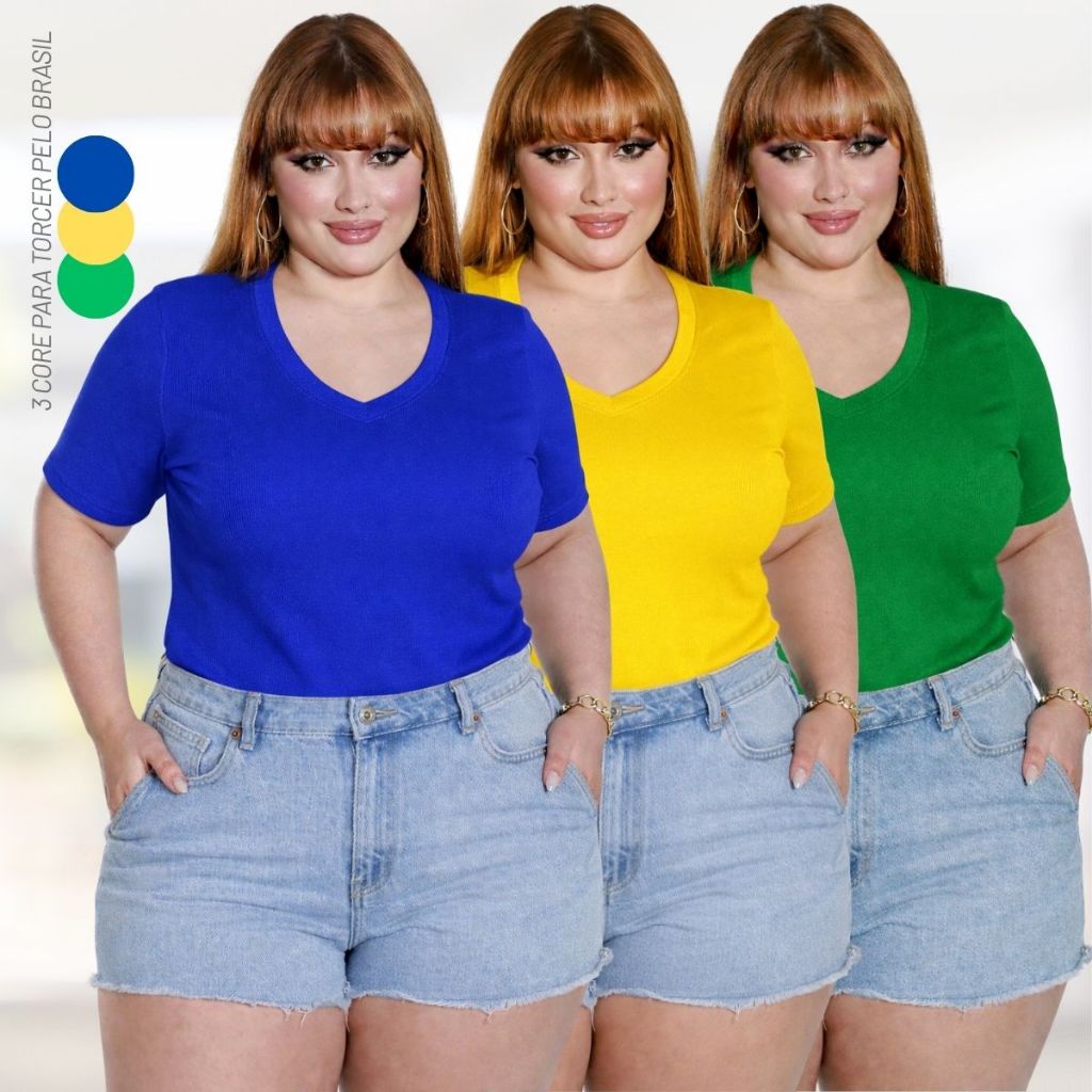 Kit 3 Blusa Feminina Brasil Copa Do Mundo Plus Size Camiseta Torcida Seleção Brasileira
