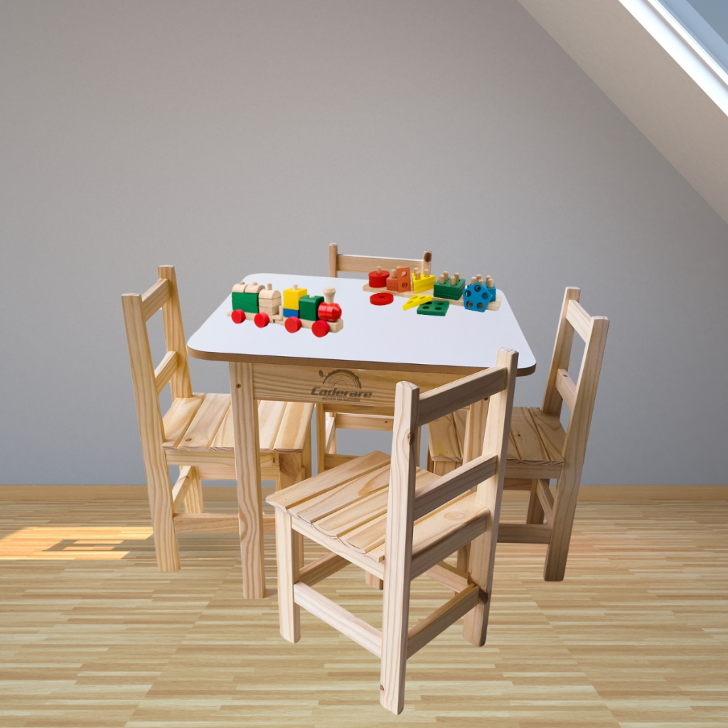 Conjunto Mesa Infantil Com 4 Cadeira de Madeira Maciça Escrivaninha de Atividades