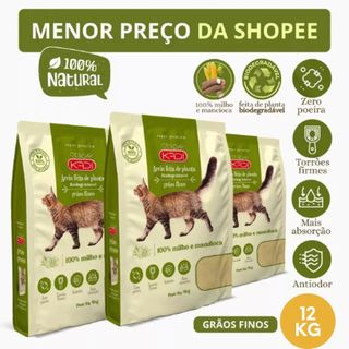Areia Biodegradável Kadi Grãos Finos Gato 12 KG Grão Cat Milho Mandioca Bio (3 pacotes de…