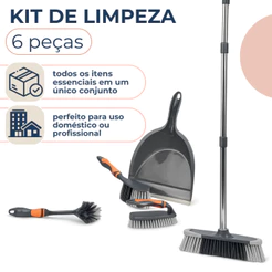 Kit Limpeza Completo 6 Peças Vassoura Cabo Inox Acessórios de Limpeza