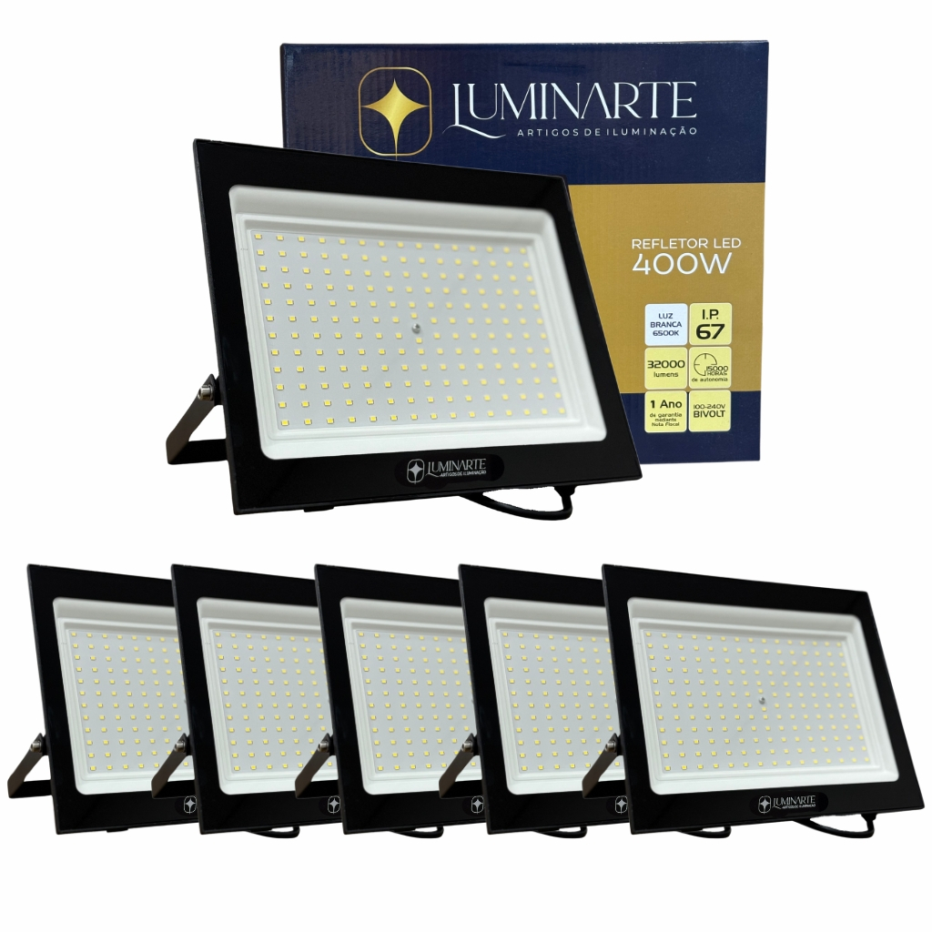 Kit 6 Refletor Led 400w Branco Frio (LUZ BRANCA) 6500k IP67 Bivolt Econômico - LUMINARTE