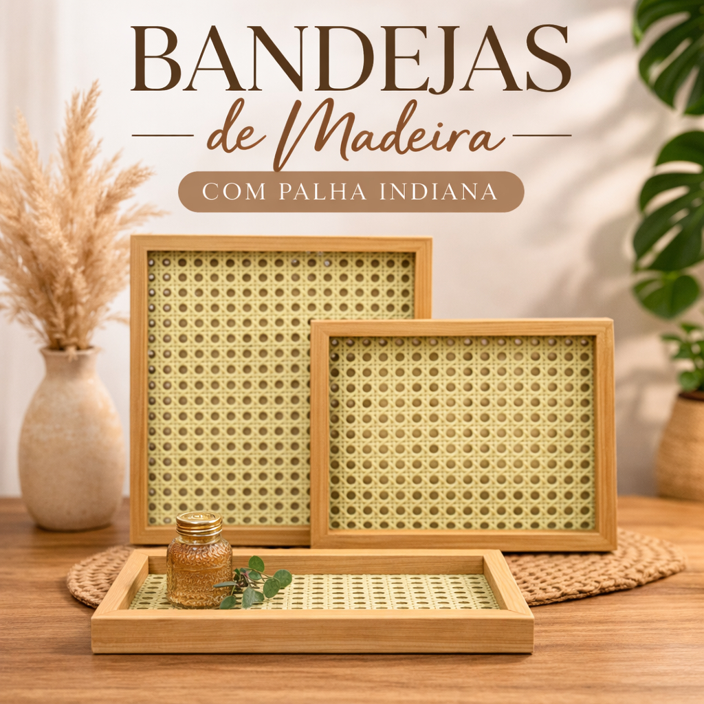 Bandeja Decorativa Retangular Organizadora Moderna Palha c/ Vidro Palhinha Indiana Redinha Rendinha