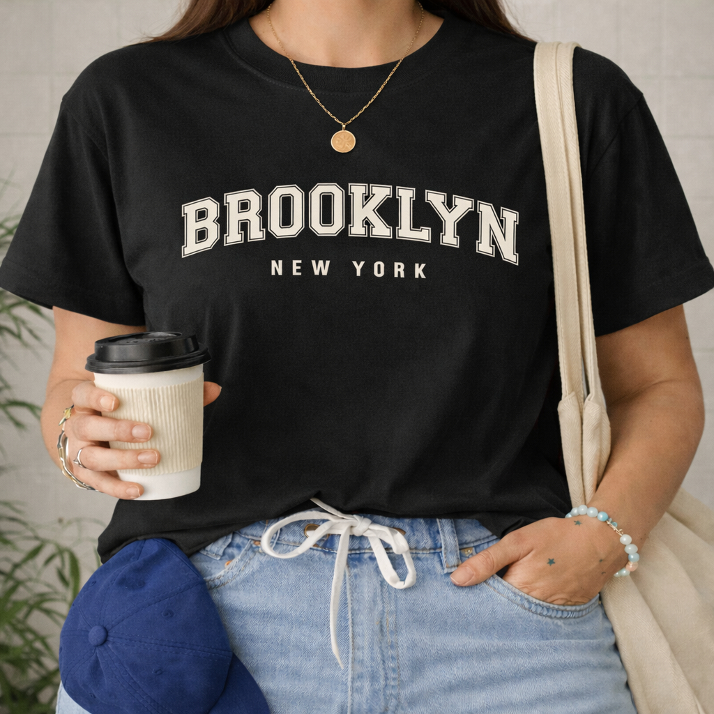 T-Shirt Feminina/Unissex Camiseta Estampada Brooklyn NY Algodão Fio 30.1 Blusa Confortável Casual