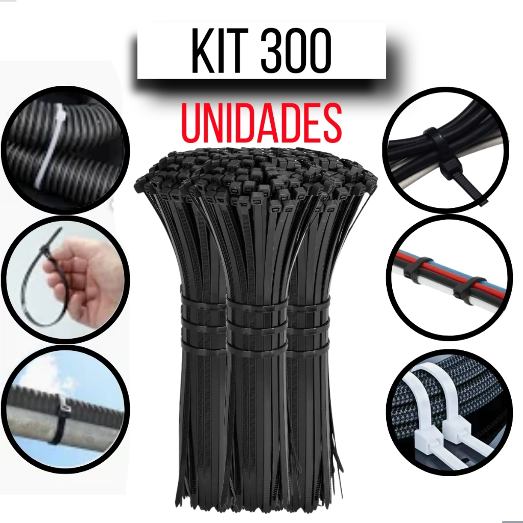 Kit Enforca Gato Abraçadeira 300 Unidades  30 20 15cm Fita Cinta Plástica Presilha Nylon Amarra 3 ta