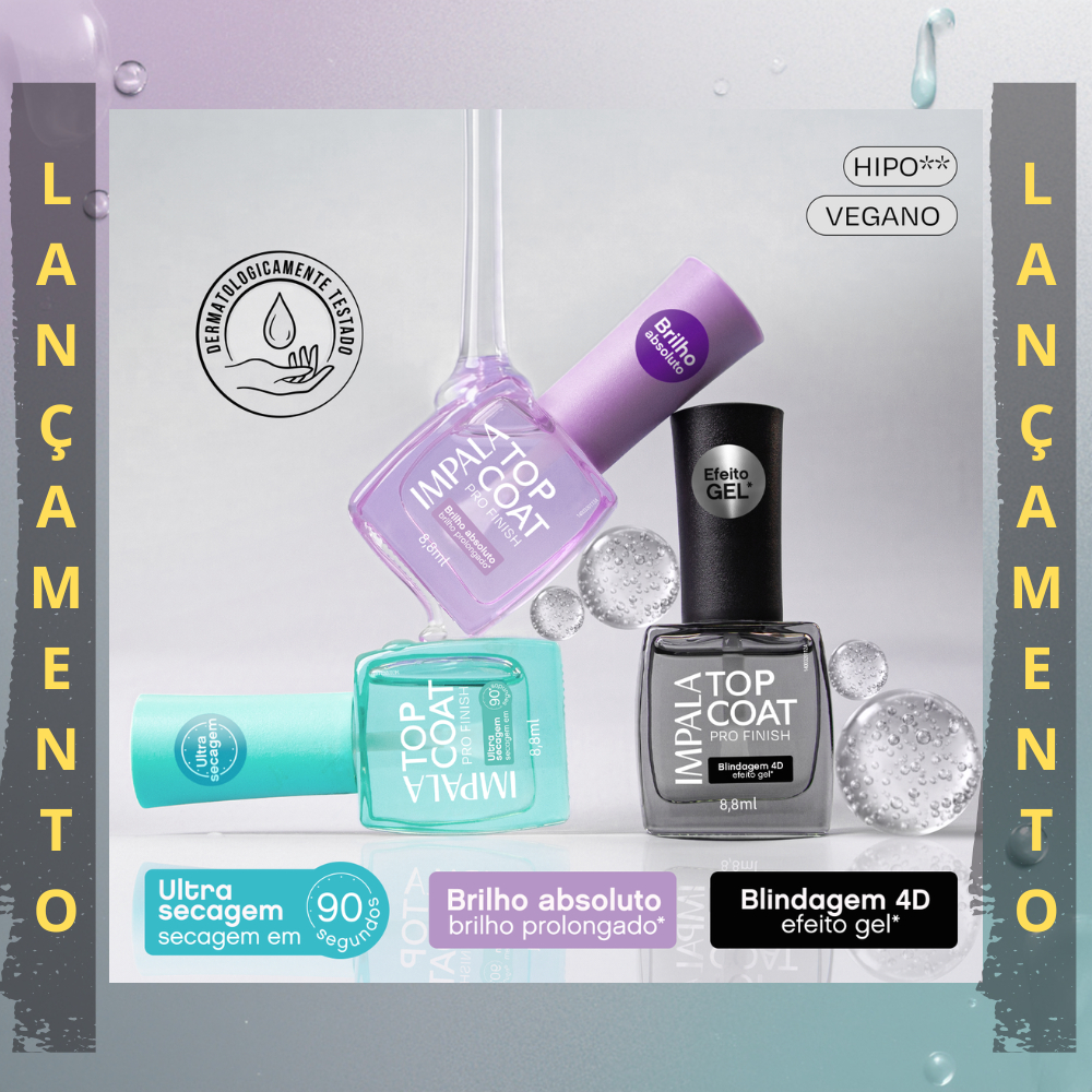 Kit Top Coat Impala Pro Finish 8ml Brilho Prolongado + Ultra Secagem 90s + Efeito Gel Blindagem 4D LANÇAMENTO IMPALA em Oferta na Shopee