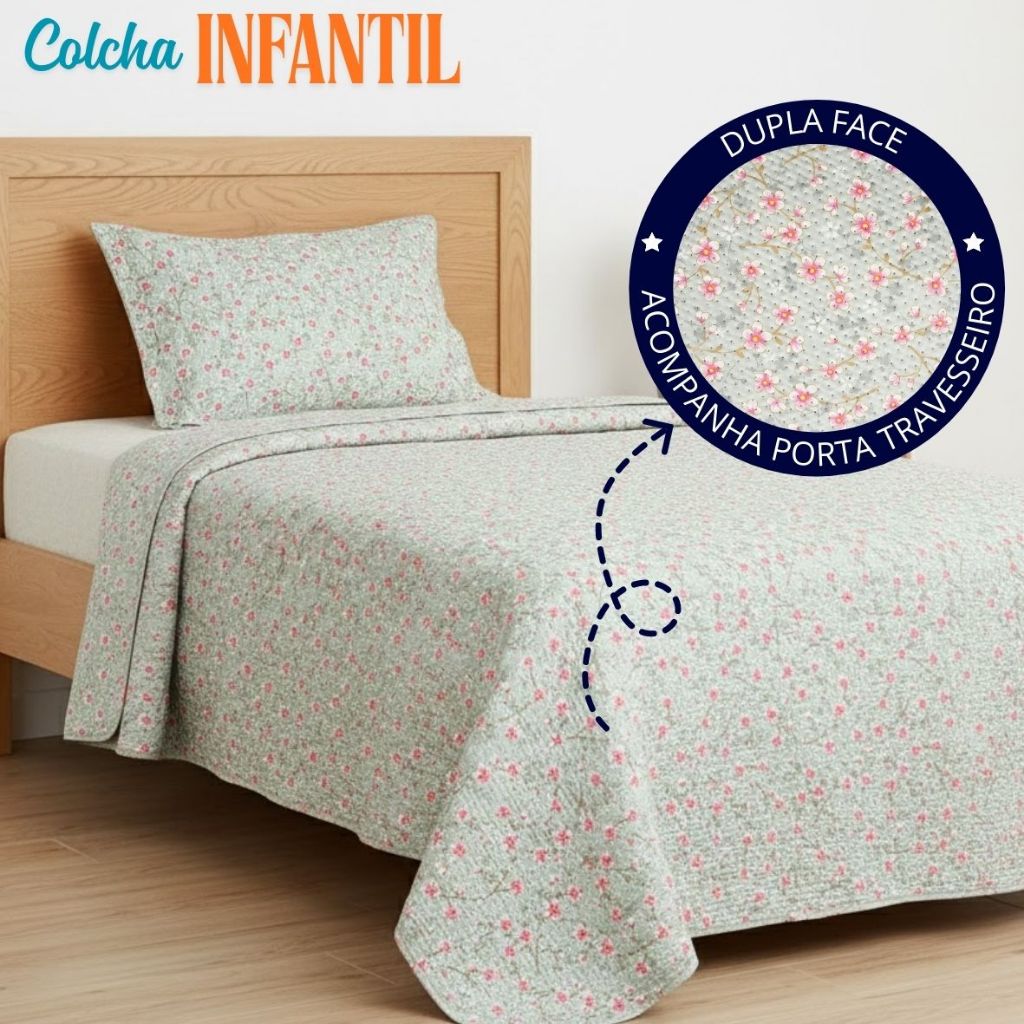 Kit Colcha Cobre Leito infantil Solteiro Bouti 1,60x2,40m Dupla Face 2 Peças C/ Viés Menina e Menino