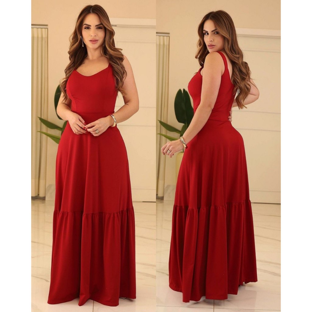 Vestido Longo Feminino Malha Lisa Alça Fina Elegante Casual Moda Verão Confortável Leve Estiloso Tendência