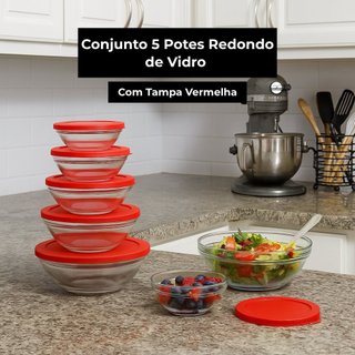 Conjunto 5 Potes Redondo de Vidro Com Tampa -Vermelha  Hermética Organizador de Cozinha Mantimentos e Alimentos