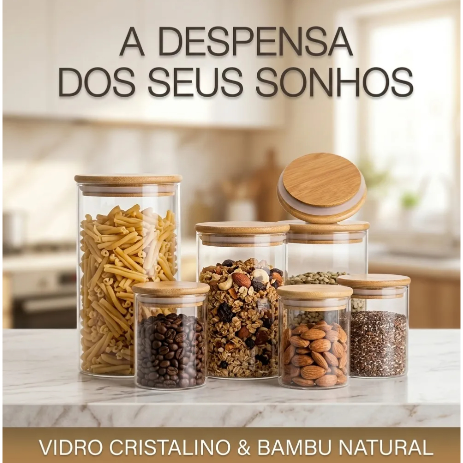 Kit 6 Potes Vidro Hermético Tampa Bambu Mantimentos Transparente