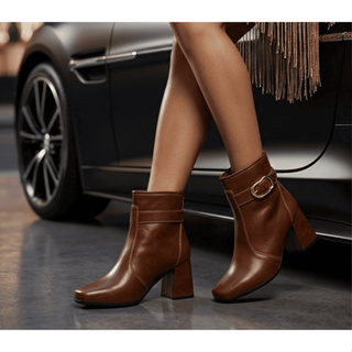 Bota Feminina Salto Medio Grosso Bico Quadrado Cano Curto Bloco Fivela em Oferta na Shopee