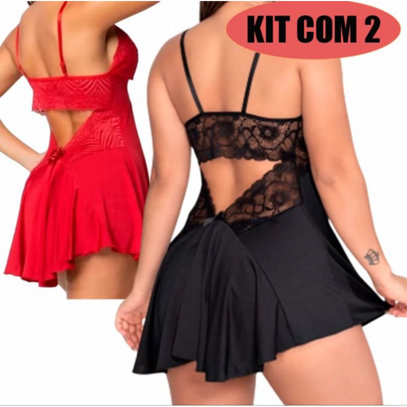 KIT - 2 Camisola com renda sem bojo costas nua pijama sexy sensual roupa de dormir costas abertas