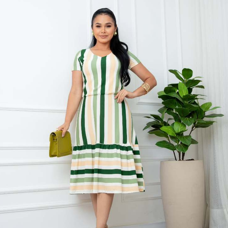 Vestido Midi Feminino Manga Curta Acinturado com Babado – Plus Size M ao EXG – Moda Casual Elegante