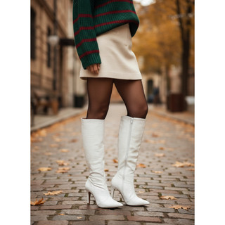 Bota Branca Feminina da Moda Cano Longo Salto Alto 10cm Bico Fino Bota Preta Croco Presente Festa Aniversário Cano Alto