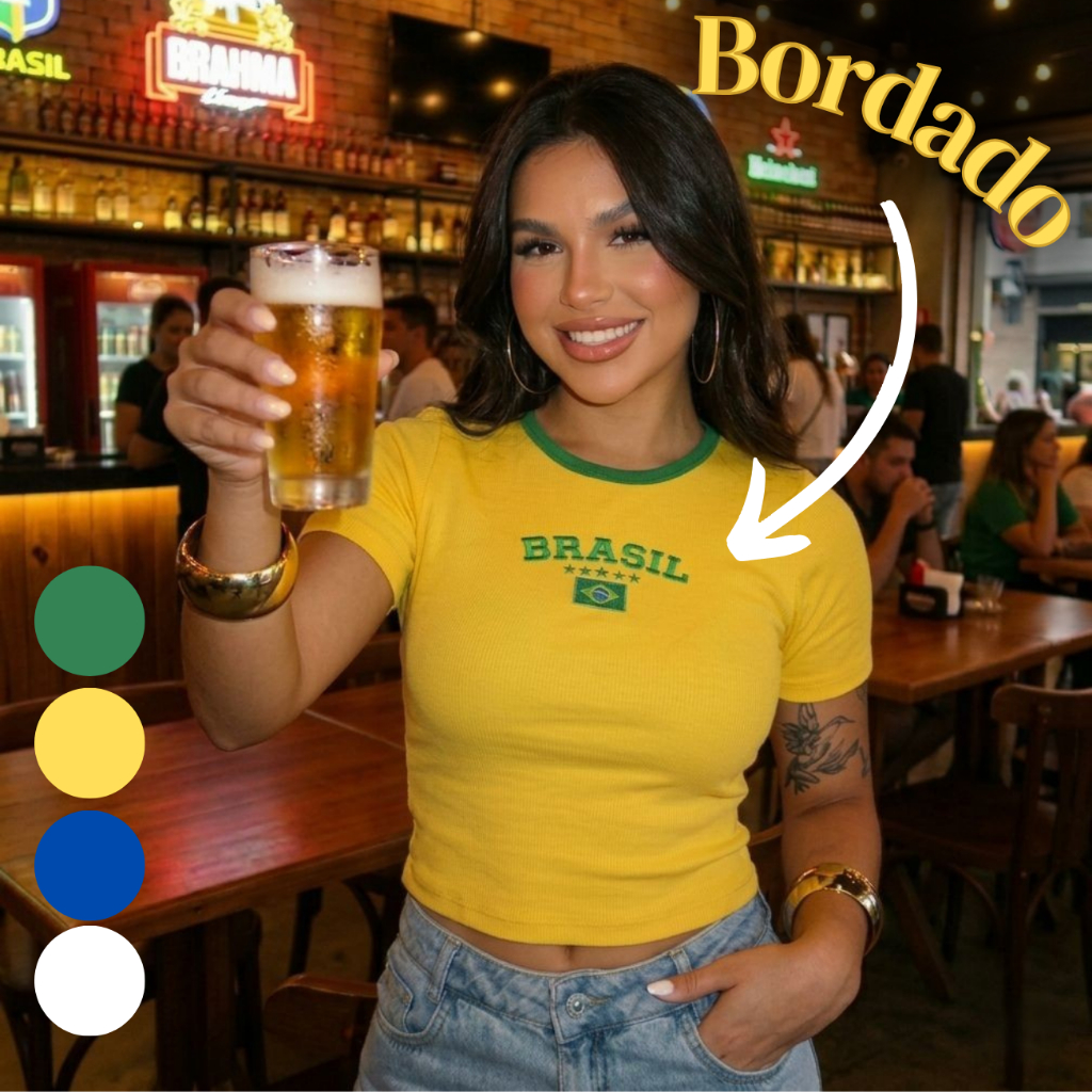 Cropped Feminino Brasil Bordado Blusa Copa Futebol Malha Ribana Seleção Brasileira