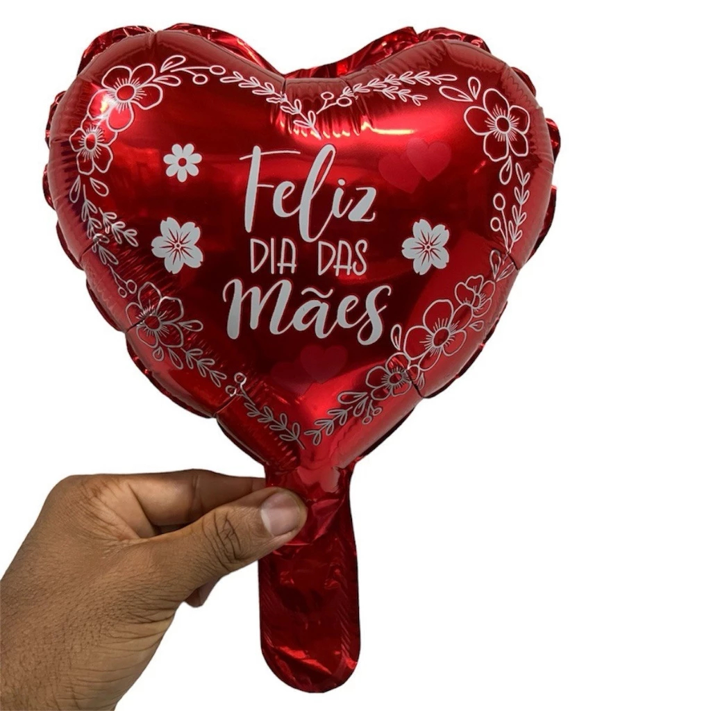 Kit Balão Metalizado Coração Vermelho Feliz Dia Das Mães Mãe Te Amo 25cm