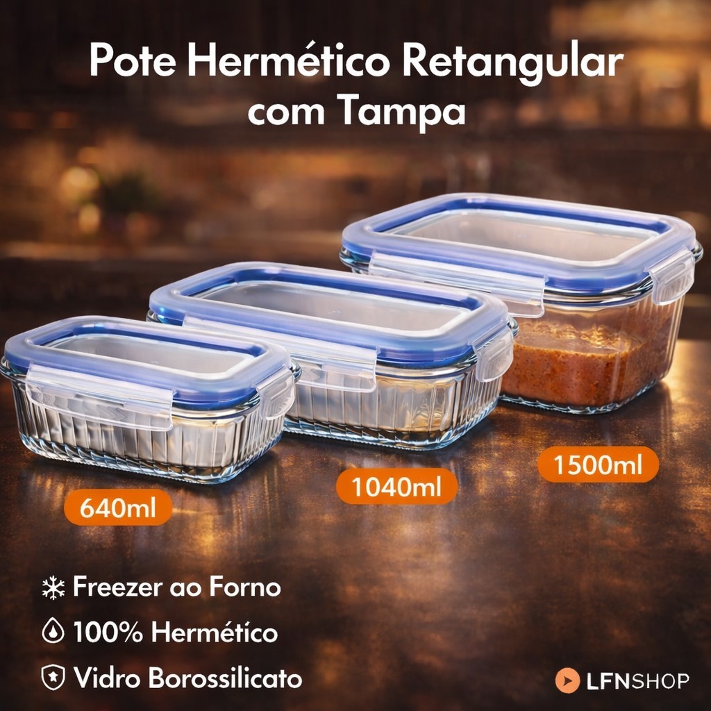 Pote Hermético Vidro Borossilicato com Tampa Trava Pote Vidro Marmita Freezer Forno 640 1040 1500ml