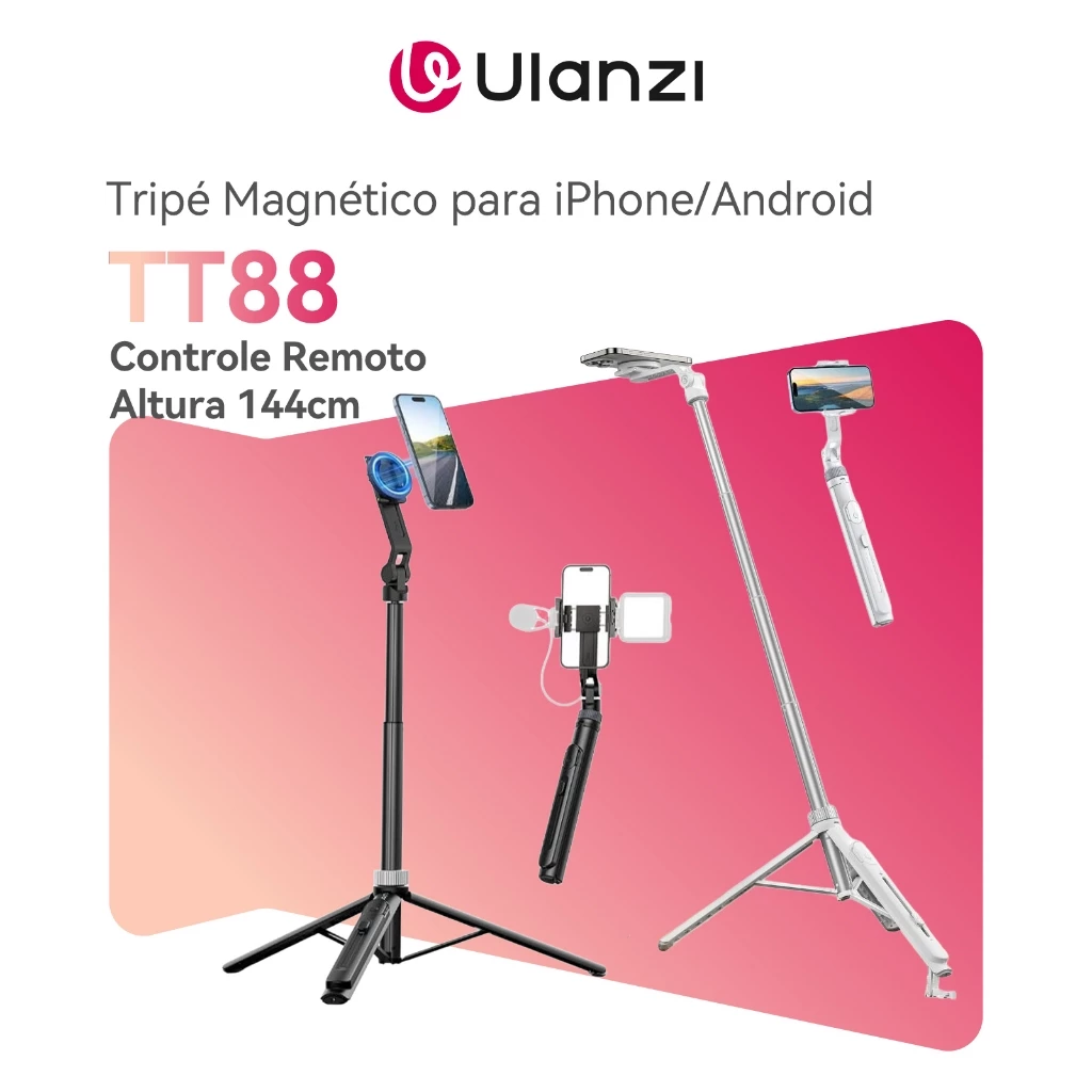 ULANZI TT88 Tripé Magnético para iPhone/Android, Bastão de Selfie 57”, Controle Remoto e Cold Shoe